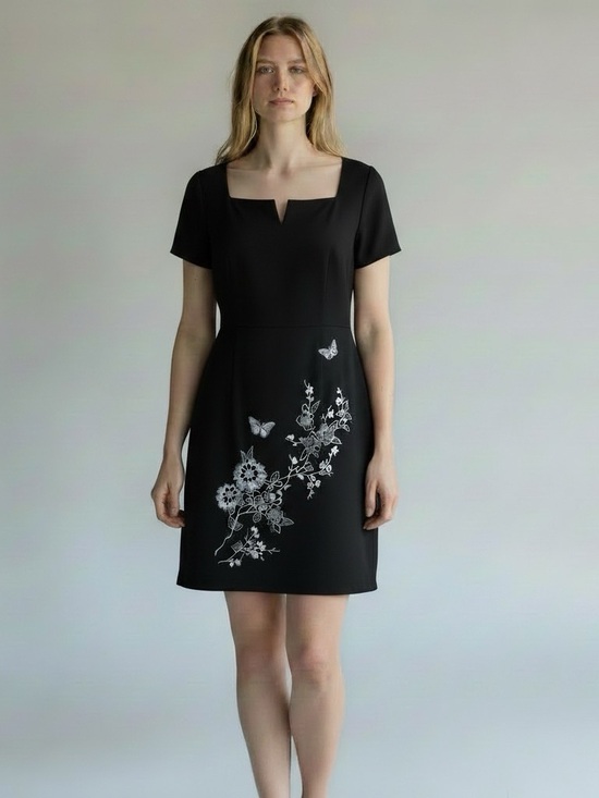 StudioEase Dresses & Skirts - Vintage Studio Ease Black Dress Linen Blend Lined Embroidered Floral Size 6